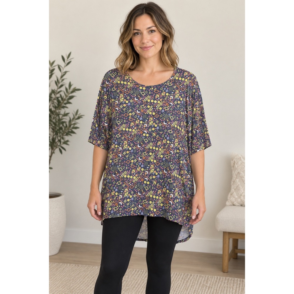 LuLaRoe Irma Tunic Top Women Small NWT Geometric Celestial Print High Low Blue